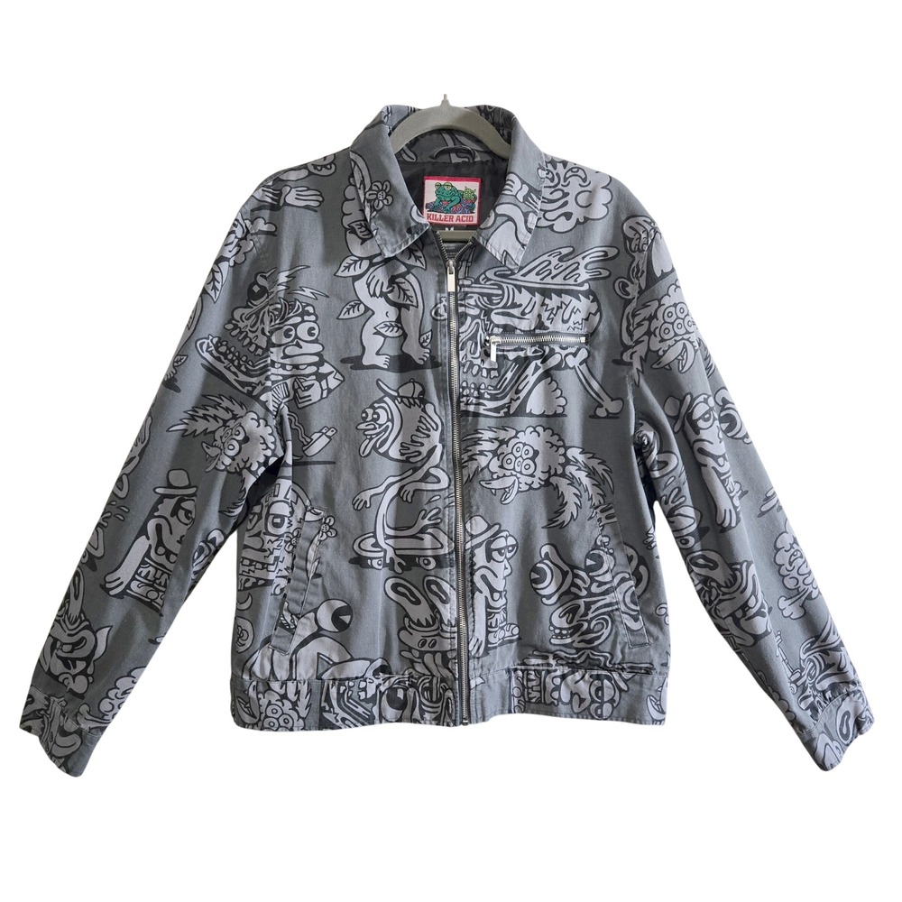 Killer Acid Indie Grey All Over Print Cartoon Graphic Work Jacket Full Zip M